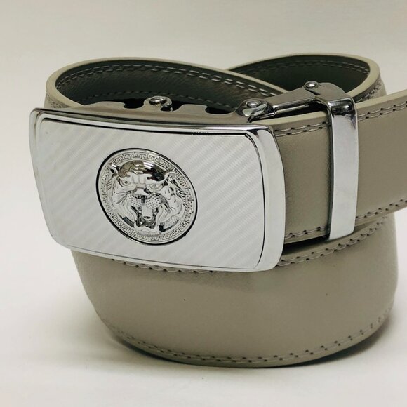 Gray Leather Belt Automatic‎ Buckle Slide Belt NoHole Strep Ratchet Square Lion - Picture 1 of 3